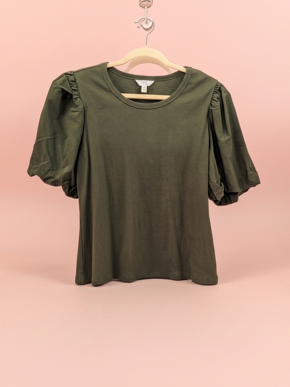 Time and Tru Olive Puff Sleeve Crewneck Tee